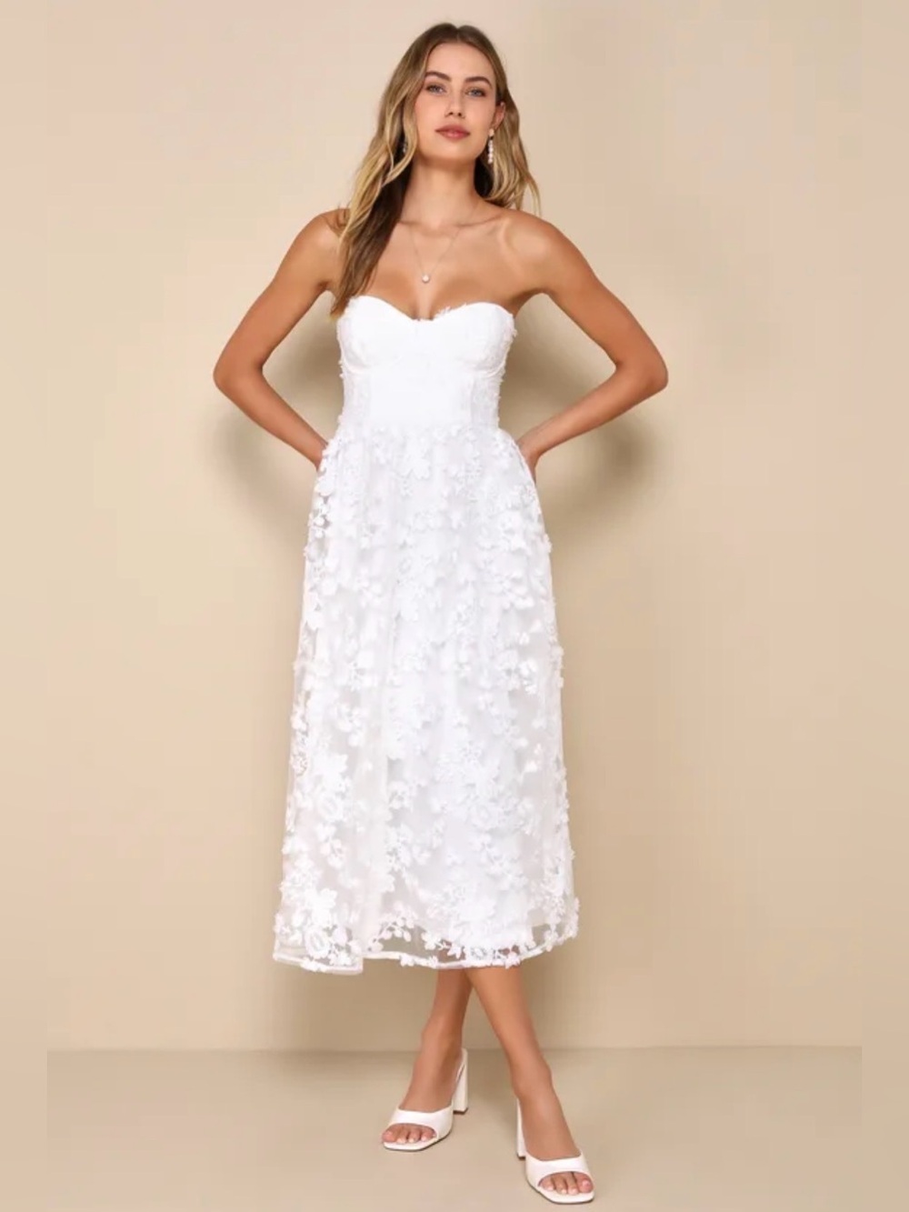 Quite Perfect White Floral Embroidered Strapless Midi Dress Style 2294471